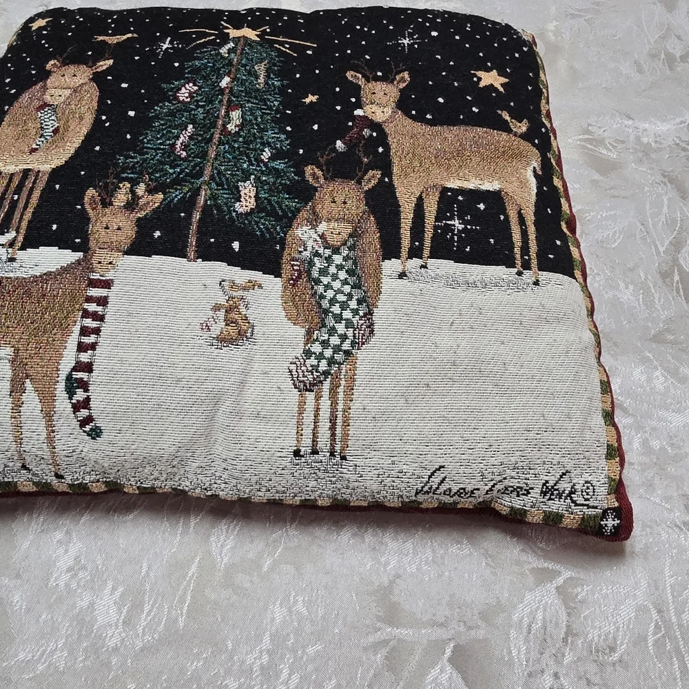 Vintage Christmas Tapestry Pillow Valerie Evers Wenk Reindeer 16x16 Embroidered